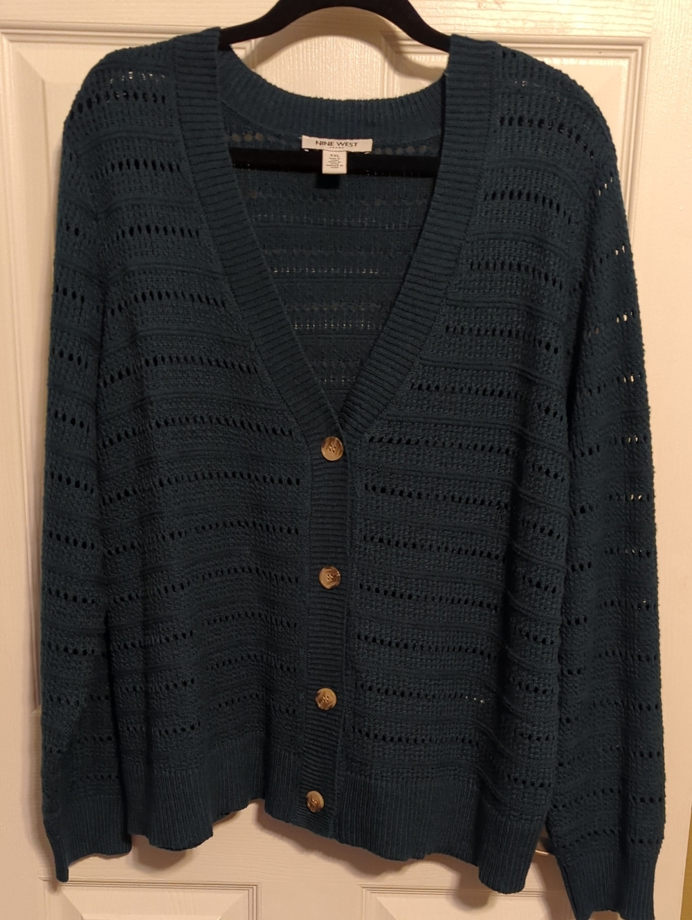 Nine West Teal Open-Knit Button Cardigan